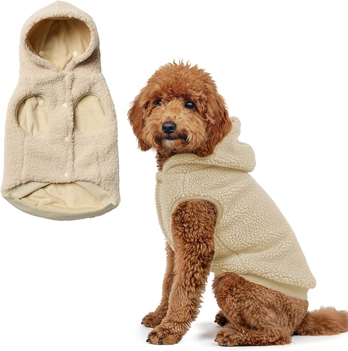 Spark Paws Fleece Dog Jacket, Hooded Sweater Vest, Warm Coat for Winter - Suitable for Small Medium Large XL XXL Breeds - Beige - 2XL