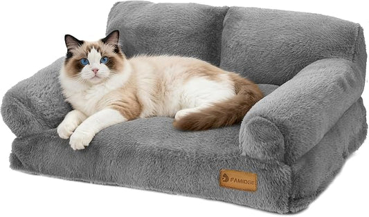 Cat Couch Bed - Cat Bed for Indoor Cats, Calming Pet Sofa Puppy Sleeping Bed with Removable Washable Cover, Cute Dog Couch and Kitty Lounge Chair for 20lbs Cats & Small Dogs(Light Grey)