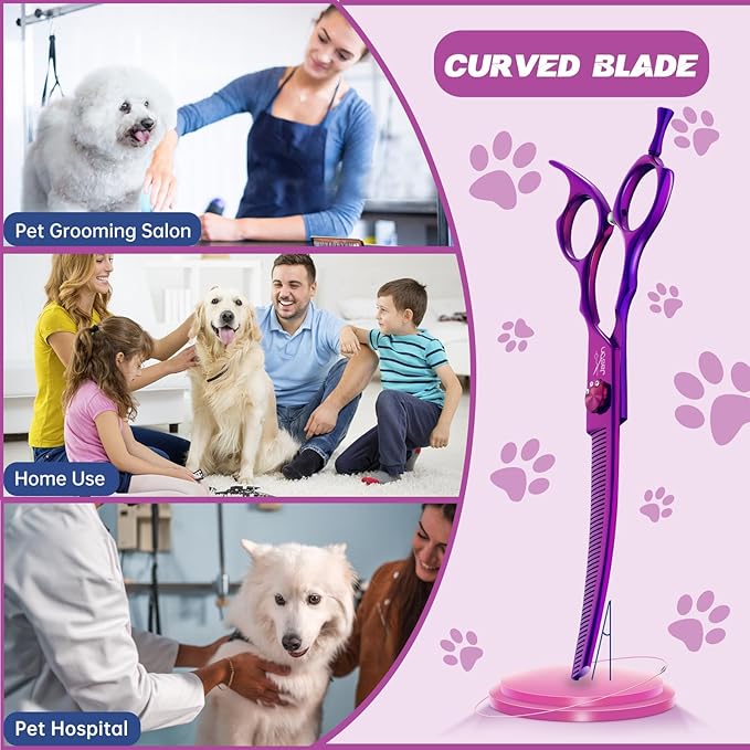 JASON Curved Thinner Dog Scissors - 7” Ergonomic Pet Scissor Purple Curved Thinning Dog Shear 440C Stainless Steel Grooming Shears Professional Pet Shears For Groomer (52-Teeth, Up-curved) Christmas