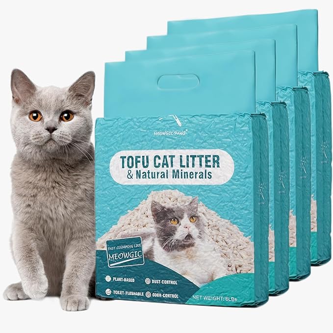 Meowgic Paws Plant-Based Cat Litter, Odor Control Quick Clumping Tofu Cat Litter, 24 lbs, Low Tracking Dust Control Lightweight Flushable Unscented Natural Kitty Litter