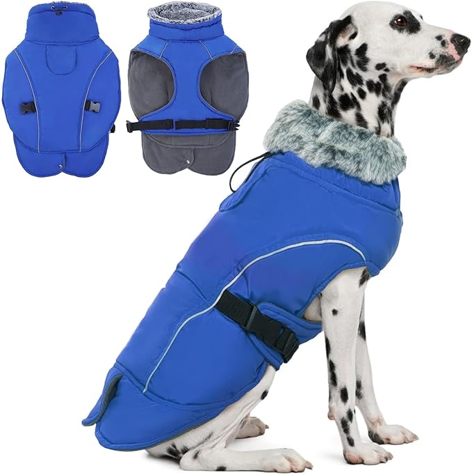 DENTRUN Winter Warm Dog Coat Reflective Jacket with Turtleneck for Cold Weather, Adjustable Buckle Windproof Water Repellent, Thick Snowsuit Fleece Vest for Small, Medium, Large Dogs, Blue, XXL