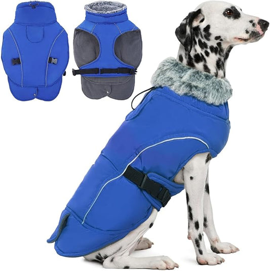 DENTRUN Winter Warm Dog Coat Reflective Jacket with Turtleneck for Cold Weather, Adjustable Buckle Windproof Water Repellent, Thick Snowsuit Fleece Vest for Small, Medium, Large Dogs, Blue, XXL