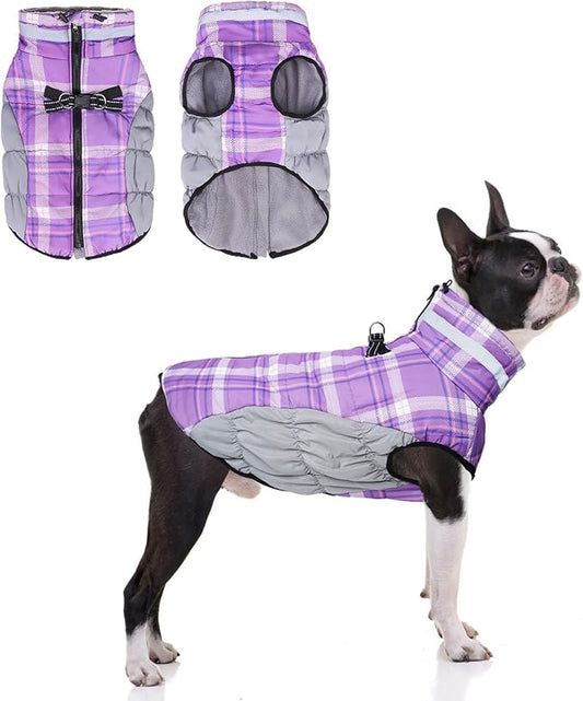 BEAUTYZOO Dog Winter Coat with Harness Built in, Reflective Plaid Puffer Vest Waterproof for Medium Dogs, Fleece Warm Puppy Zipped Jacket with D Ring, Pet Cold Weather Sweater Clothes, Purple M