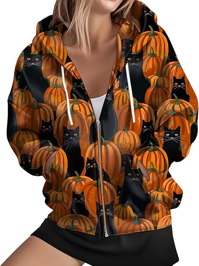 Women's Zip Front Plaid Sweatshirts Print Hoodie Fall Jackets Long Sleeve Casual Drawstring Clothes