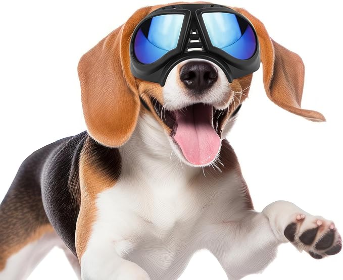 PETLESO Dog Goggles for Small to Medium Breeds, Small Dog Sunglasses UV Protection Windproof Snowproof, Outdoor Driving/Riding/Hiking Pet Eyes Protection, Soft Frame Adjustable Straps, Blue Lens