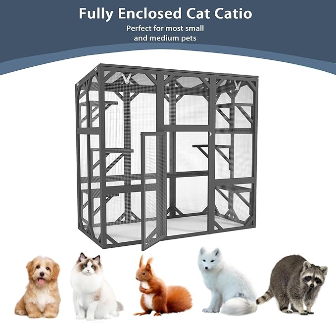 Ball & Cast 59" Wooden Catio Enclosure Outdoor Cat House with Anti-UV& Waterproof, Platforms and Resting Boxes Walk-in Cat Kennel Shelter for Indoor,Dark Grey