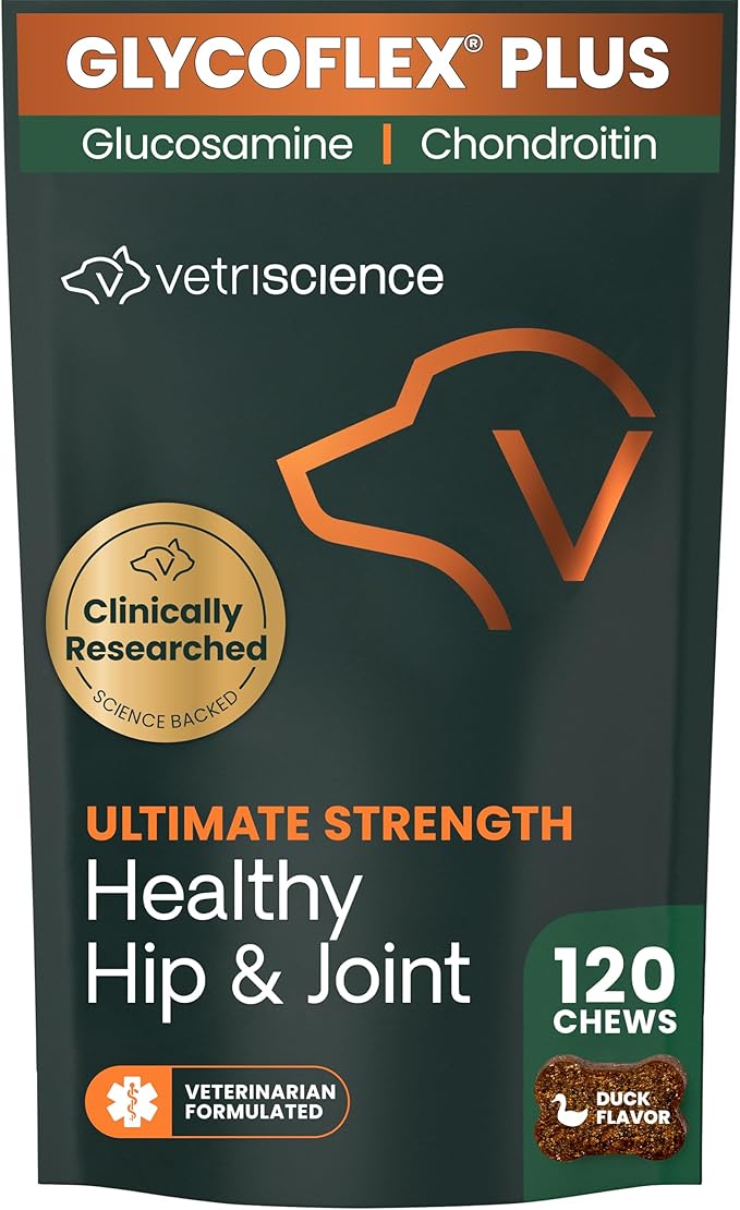 VetriScience Ultimate Strength Hip & Joint Supplement for Dogs, GlycoFlex Plus – MSM, Chondroitin & Green-Lipped Mussel Chews for Mobility, Flexibility, Comfort & Support, Duck Flavor, 120 Cnt