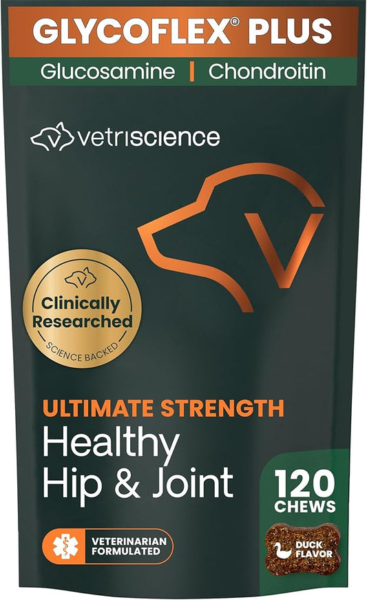 VetriScience Ultimate Strength Hip & Joint Supplement for Dogs, GlycoFlex Plus – MSM, Chondroitin & Green-Lipped Mussel Chews for Mobility, Flexibility, Comfort & Support, Duck Flavor, 120 Cnt