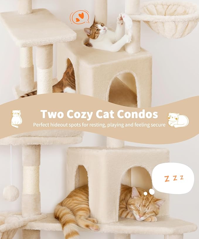 AMHANCIBLE Tall Cat Tree, 70 Inch Cat Tower for Indoor Cats, Multi-Level Cat Tree with Scratching Post, Hammock, Hanging Basket, Large Cat Condos for Adult Cats Kittens, Beige, PT18BG