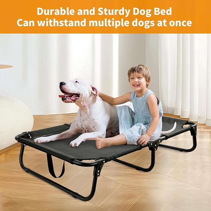 Foldable Elevated Dog Bed, No Assembly Need, Waterproof Folding Raised Dog Bed, Outdoor Dogs Cot Cooling Pet Hammock Bed with Breathable Mesh for Small Medium Size Dogs, Chew-Proof, Black