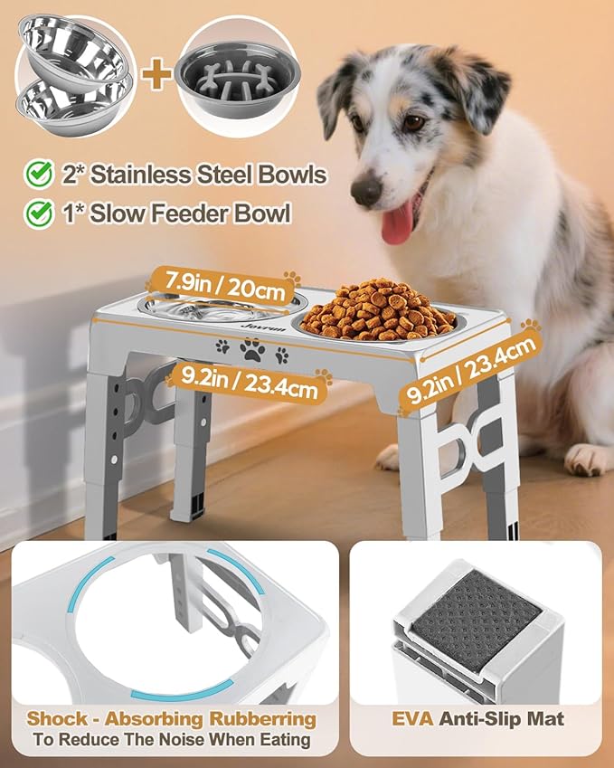 Elevated Dog Bowls, Dog Feeder with Stainless Steel Dishes & Slow Feeder Bowl, 5 Heights Adjustable Raised Stand for Medium Large, Food Dishes with Non-Slip Feet
