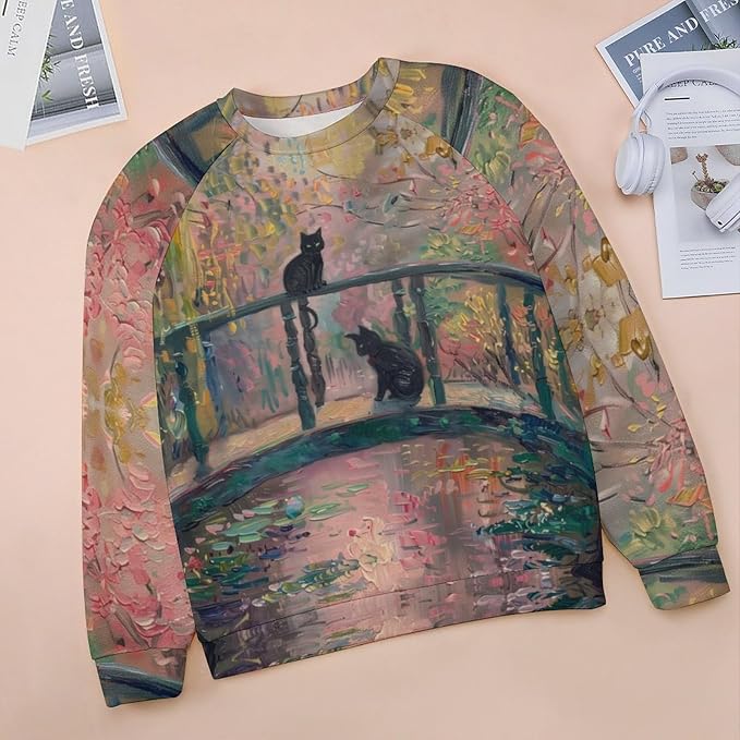 Womens novelty funny cat printed crewneck sweatshirt casual loose long sleeve graphic pullover sweatshirts tops