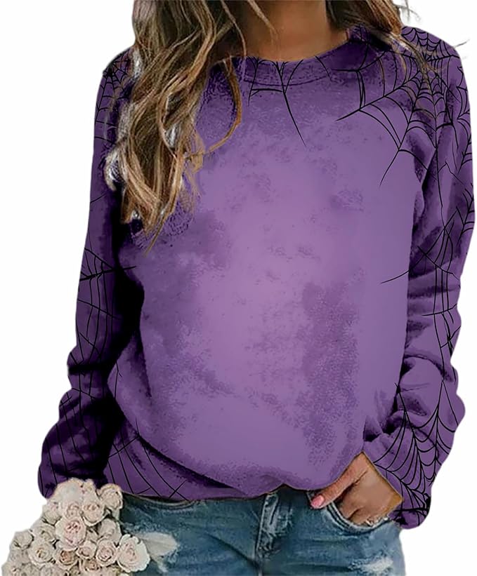 MARSVOVO Fall Sweatshirt for Women Novelty Spider Web Shirt Dressy Casual Crewneck Tunic Tops Spring Graphic Pullover