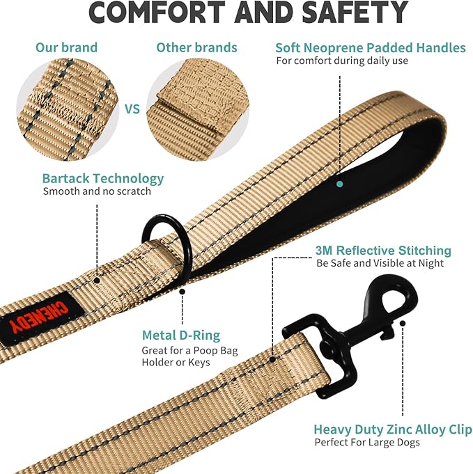 Heavy Duty Double Handle Leash - Reflective Training Lead for Large Breed Dogs (6FT Khaki)