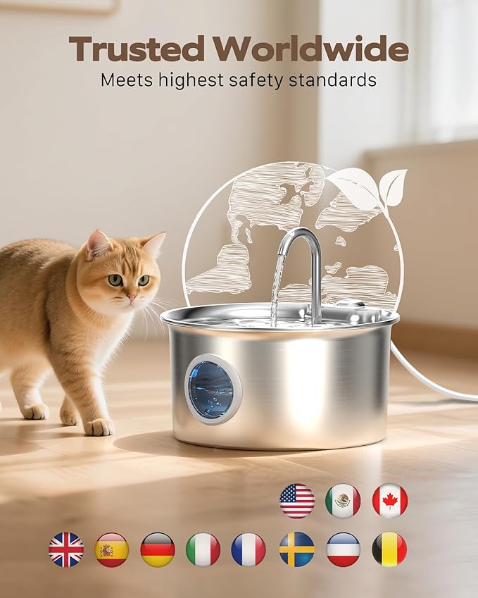 Pet Water Fountain Stainless Steel: Mental Cat Water Fountains for Cats Indoor - 88oz/2.6L Noiseless Cats Waterer Bowl Dispenser - ATMZIQXR Kitten Drinking Fountains with 8 Filters + 8 Sponges