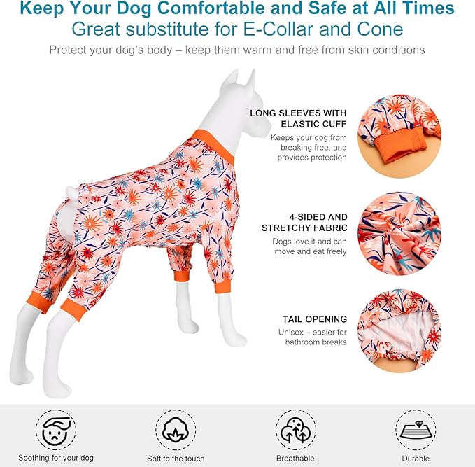 LovinPet Large Dog Clothes Female, Long Sleeve Shirt for Dogs, Anti Licking Dog Pajamas,Stretchy Comfy Fabric, Wildflowers Flame Print, Pajamas for Pitbulls, Onesies for Dogs, Pitbull Clothes, XL