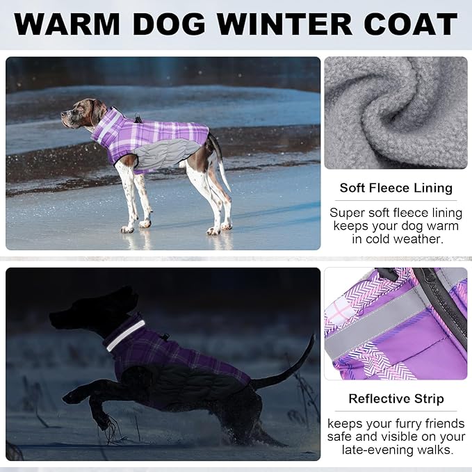 BEAUTYZOO Dog Winter Coat with Harness Built in, Reflective Plaid Puffer Vest Waterproof for Large Dogs, Fleece Warm Puppy Zipped Jacket with D Ring, Pet Cold Weather Sweater Clothes, Purple L