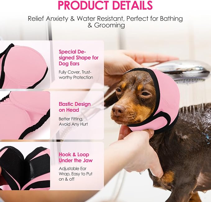 KOESON Dog Calming Hoodie - No Shake Ear Wraps for Dogs, Anxiety Relief & Noise Protection, Water Resistant Pet Ear Cover Muffs for Firework, Grooming, Thunderstorms, Swimming, Bathing, Light Pink M