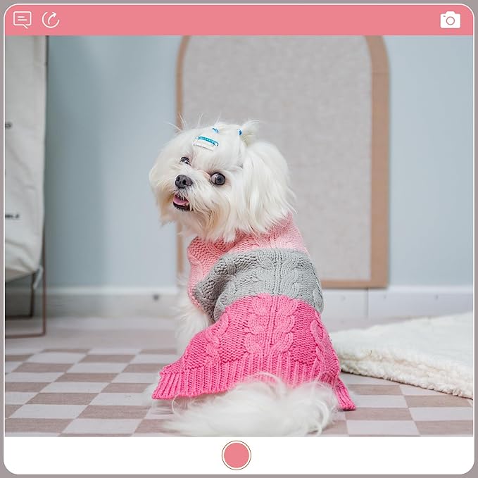 EXPAWLORER Dog Sweater with Leash Hole - Small Dogs Fall Sweaters for Girls Boys,Classic Turtleneck Knitwear Dog Clothes for Cold Weather, Cable Knit Dogs Outfit,Coat,Pet Apparel(Pink&Grey,Medium)