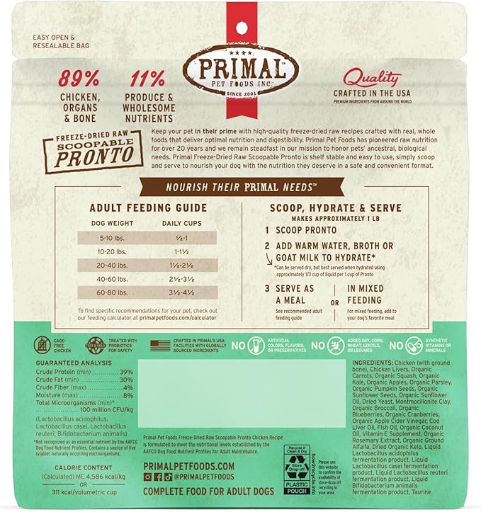 Primal Freeze Dried Dog Food, Pronto Mini Nuggets, Chicken; Scoop & Serve, Complete & Balanced Meal; Also Use As Topper or Treat; Premium, Healthy, Grain Free, High Protein Raw Dog Food (7 oz)