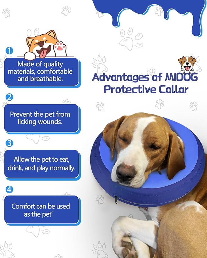MIDOG Soft Inflatable Dog Cone,Donut E-Collar Alternative for After Surgery, Prevents Licking, Allowing Normal Eating & Vision,Comfortable Recovery Collar for Small Medium Large Dogs&Cats, DarkBlue-M