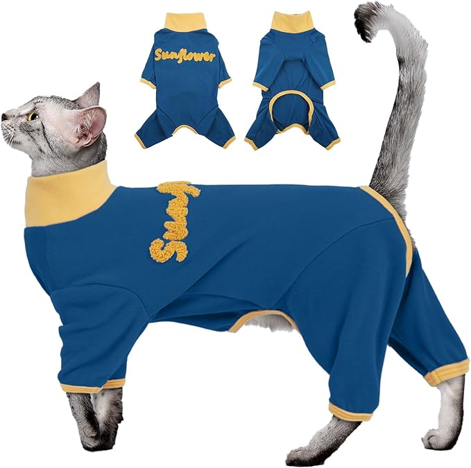 Cat Onesie to Prevent Hair Loss-Blue-2XL, Soft Pajamas for Long-Haired Cats Shedding Season,Outing Wear for Protecting The Skin,Keep Warm for Air-Conditioned Room Sleeping