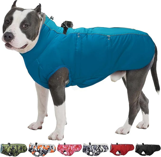 Dog Winter Jacket - 3X Large, Warm Zip Up Snowsuit Dog Harness Vest, Reflective, Water-Resistant, Green