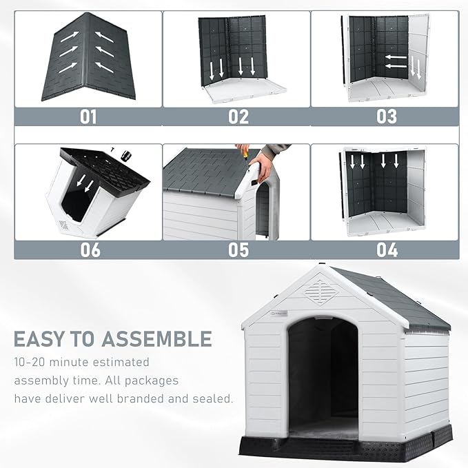 LEMBERI Durable Waterproof Plastic Dog House for Small to Large Sized Dogs, Indoor Outdoor Doghouse Insulated Puppy Shelter with Elevated Floor, Easy to Assemble (Gray with Liner, 42''L*38''W*39''H)