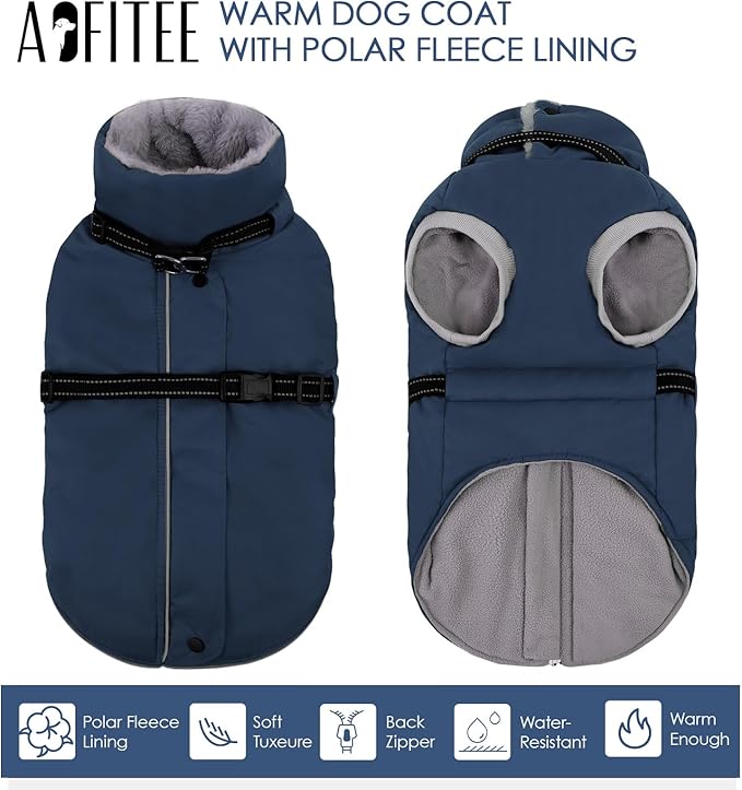 AOFITEE Dog Coat, Warm Dog Jacket Winter, Waterproof Dogs Winter Coat with Harness & Zipper, Reflective Turtleneck Fleece Pet Puffer Jacket Snowsuit for Jack Russel, Boston Terrier, Blue M