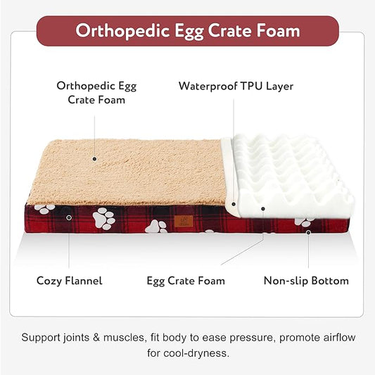 Waterproof Orthopedic Dog Bed for Extra Large Dogs 41x27x4 Inch - Egg Crate Foam Pet Crate Bed with Removable Washable Cover, Plush Top Anti-Slip Bed Mat, Christmas Red