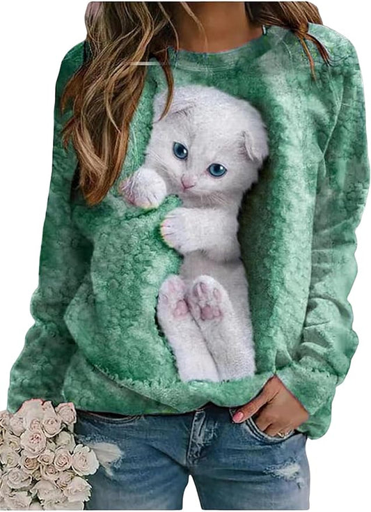 IVERIRMIN Women's 3D Cute Cat Print Sweatshirt Casual Long Sleeve Crewneck Cute Cat Pullover Loose Fit Shirts