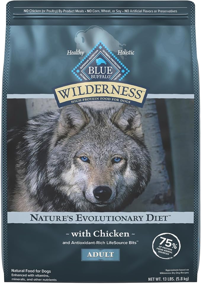 Blue Buffalo Wilderness Natural High-Protein Dry Food for Adult Dogs, Chicken Recipe, 13-lb. Bag