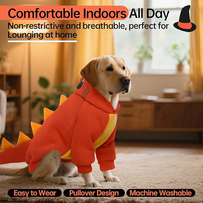 QBLEEV Dog Dinosaur Winter Coat, Warm Soft Knit Pullover Jacket with Hood for Cold Weather, Cozy Fleece-Lined Sweatshirt with 3D Dino Spikes, Stretchy Cute Pet Outerwear for Small Medium Large Dogs