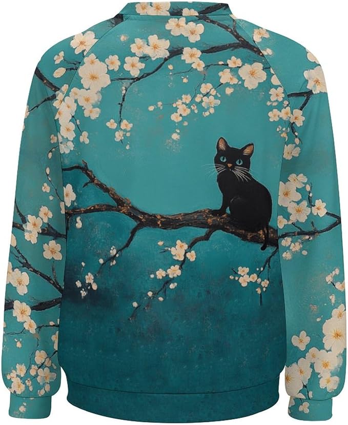 Womens novelty funny cat printed crewneck sweatshirt casual loose long sleeve graphic pullover sweatshirts tops