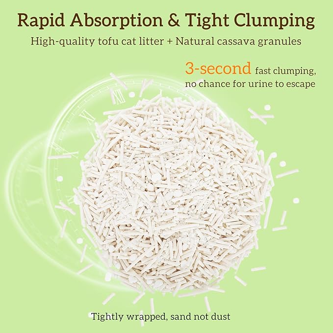 Non-Stick Strong Clumping Cat Litter, Plant Odor Control Tofu Cat Litter + Cassava Mixed Litter, Light Color for Health Tracking