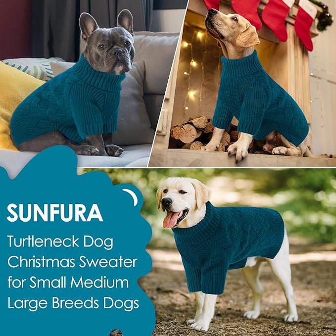 SUNFURA Dog Sweater, Christmas Sweaters for Large Dogs, Solid Color Dog Pullover for Fall Winter, Warm Sweatshirt Knit Turtleneck for Corgi, French Bulldog, Blue L