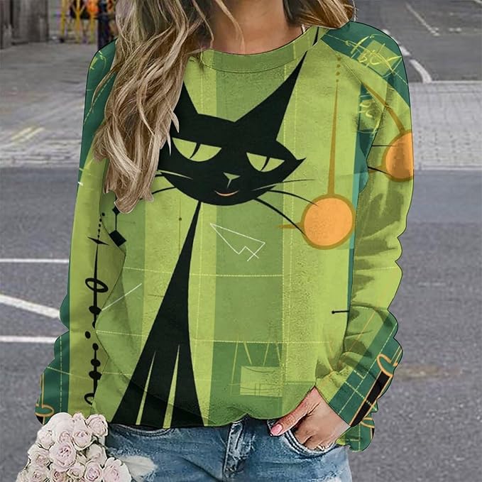 Biacolum Long Sleeve Shirts for Women Mid Century Retro Style Atomic Cat 3D Graphic Sweatshirts Fall Crewneck Pullover Top
