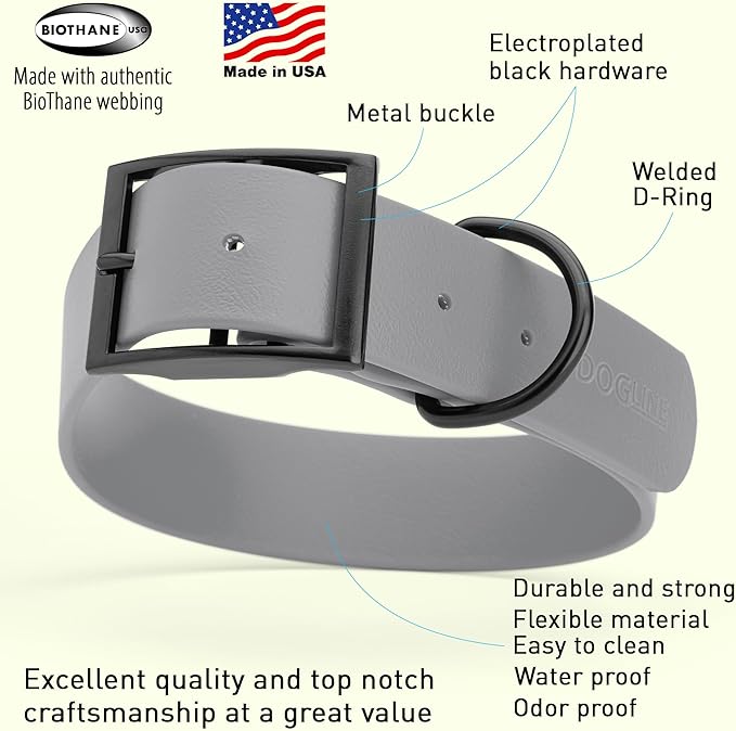 Dogline Biothane Coated Webbing Dog Collar with Black Metal Hardware: Durable Easy-Clean Everyday Collar for Dogs - Comfortable Adjustable Odor-Resistant Pet Collar, W1.5 x L16-20, Battleship Gray