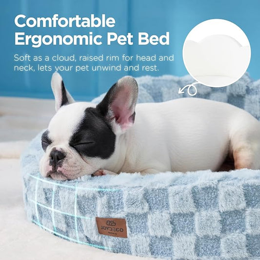 Joydeco Dog Bed for Small Dogs & Cats, Washable Cloud Pet Bed with Orthopedic Foam and Removable Checkered Plush Pad, Non-Slip Bottom for Indoor Puppies and Kittens, 27x24 Inch, Light Blue