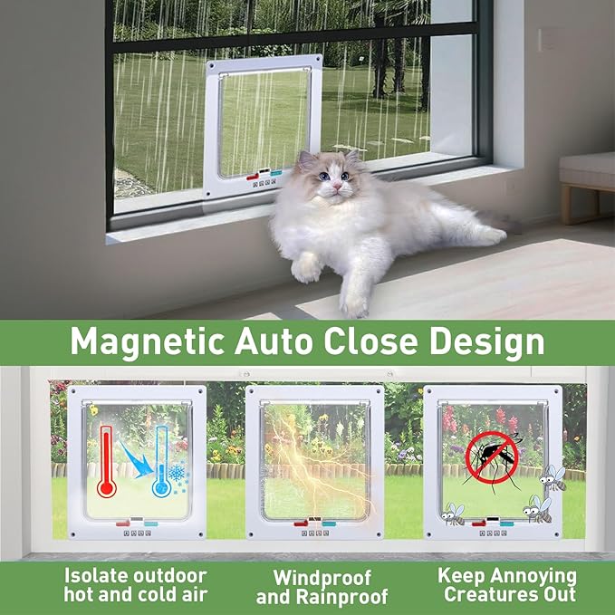 Cat Door for Window, Safety Cat Window with 4 Locking Modes, Fits 18"-32" Window, Pet Friendly Window Cat Door Insert, Ease of Installation, Magnetic Closure, Weatherproof Design, Frosted Plexiglass
