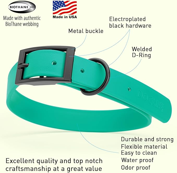 Dogline Biothane Coated Webbing Dog Collar with Black Metal Hardware: Durable Easy-Clean Everyday Collar for Dogs - Comfortable Adjustable Odor-Resistant Pet Collar, W1 x L22-25", Teal