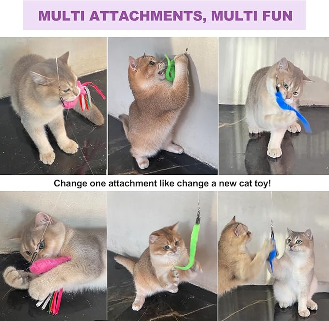 ZeyZoo Cat Toys for Indoor Cats, 11PCS Interactive Cat Toy Wand Pack, 2 Retractable Cat Wand & 7PCS Worm Teaser Refills, Plush Fish Kitten Toys, Cat Feather Fishing Pole Toy for Play Chase Exercise