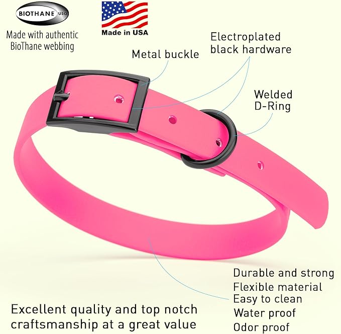 Dogline Biothane Coated Webbing Dog Collar with Black Metal Hardware: Durable Easy-Clean Everyday Collar for Dogs - Comfortable Adjustable Odor-Resistant Pet Collar, W5/8" x L12-15, Passionfruit Pink