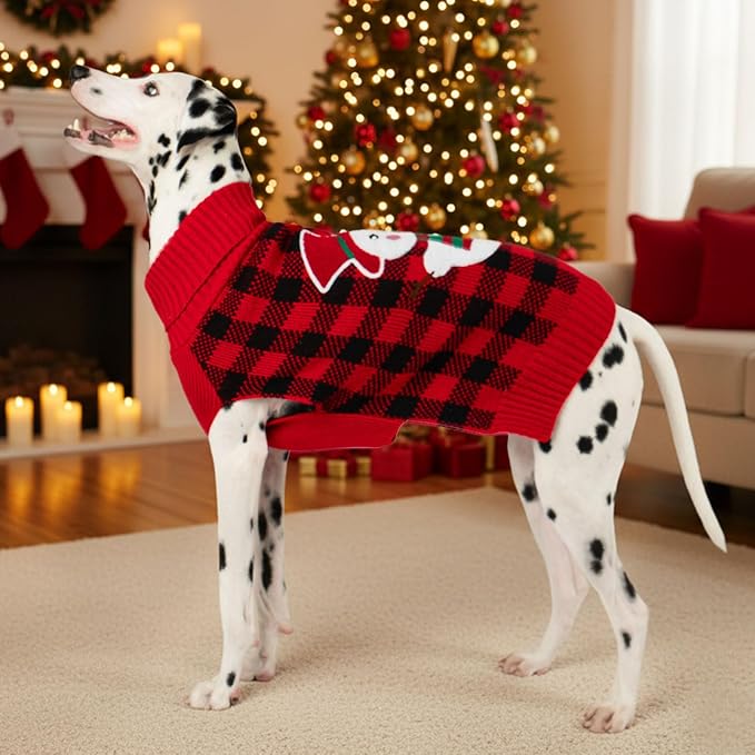 KYEESE Dog Christmas Sweater with Snowman Design, Turtleneck Dog Sweater for Small Dogs, Red Buffalo Plaid Knitwear with Leash Hole, Soft Cozy Pet Clothes for Cold Weather, X-Large