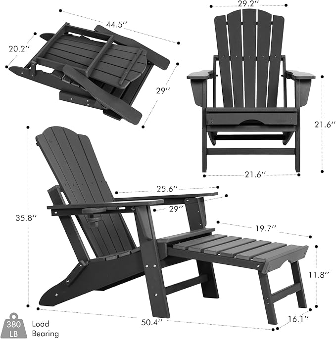 Folding Adirondack Chair with Retractable Ottoman,All Weather Fire Pit Chairs with Cup Holder,Outdoor Chair with Ottoman,Black