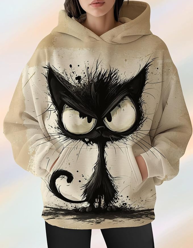 Womens Cat Print Hoodies Trendy Funny Cat Graphic Long Sleeve Sweatshirt Y2k Streetwear Hooded Pullover Tops