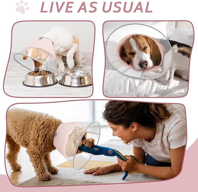 Dog Cone Collar with Snap-on Detachable Soft Liner, Lightweight Transparent Elizabethan Alternative to Stop Licking, for Spay Neuter Surgery Recovery, for Medium Large Small Dogs (Pink,M)