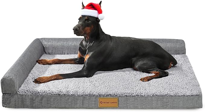 Patas Lague Orthopedic XL Dog Bed Large Sized Dog 42''X28'', Waterproof L Bolster Big Large Pet Sofa Beds with Removable Washable Cover, Soft Comfortable Pet Couch Crate Mat with Nonskid Bottom, Grey