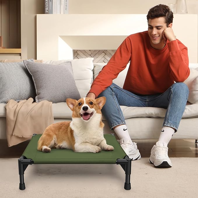 Love&go Elevated Dog Bed with Metal Frame, Cooling Raised Pet Cot for Dog and Cat (S - Olive Green Bed, Small-18.5x18.5x5.5 inch)