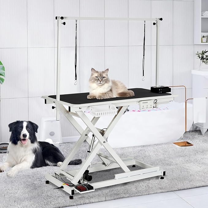 50" Large Dog Grooming Table, Heavy Duty Hydraulic Lift Dog Grooming Table with Aluminium Overhead Arm, Anti Slip Tabletop, 6 Usb Ports for Home and Salon, Maximum Capacity Up to 300Lb, White